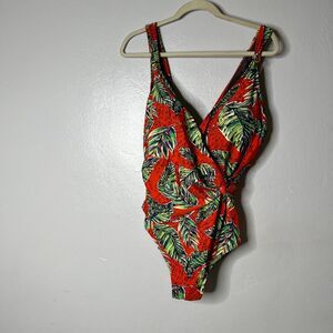 Swimsuit for all vibrant red one-piece swimsuit tropical leaf print  crossover t